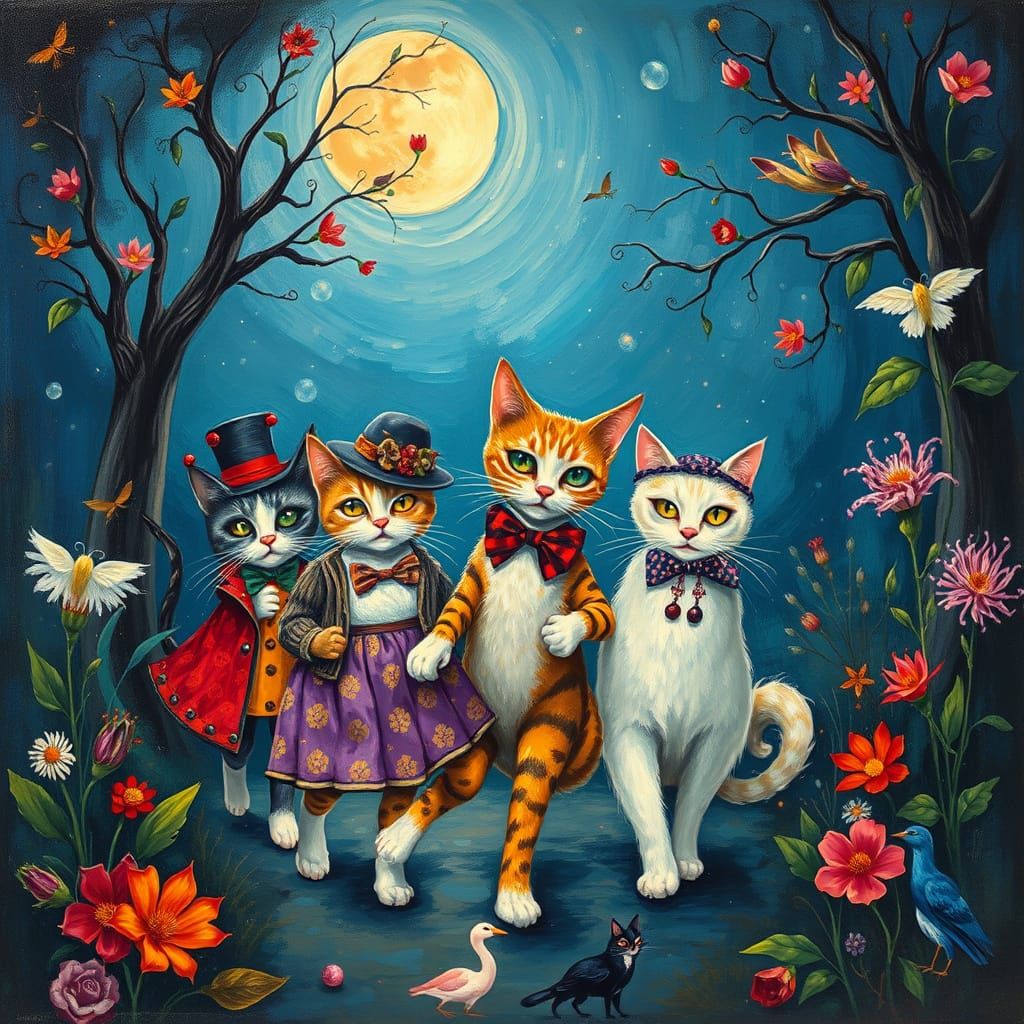 Whimsical Cats in Moonlit Garden as Impressionist Painting