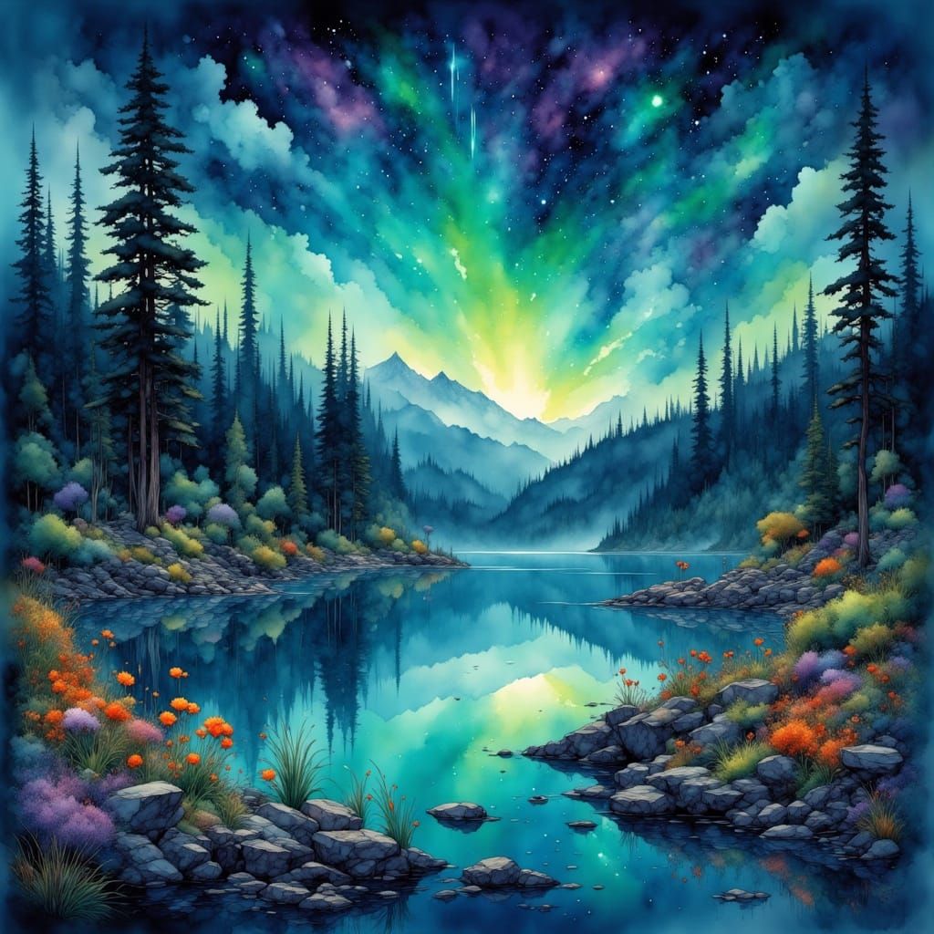 Neon Fireflies Dance Under Starry Sky