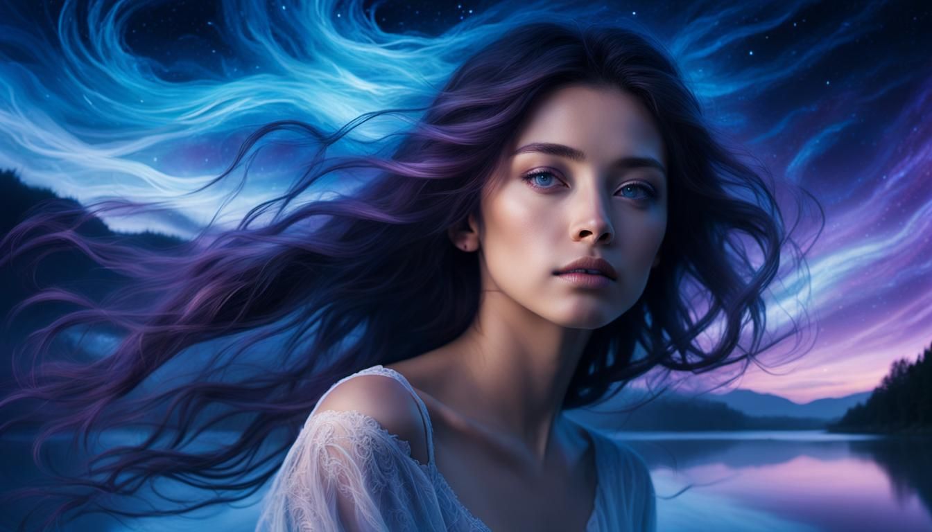 Ethereal Woman in Noctilucent Clouds: Oil Painting