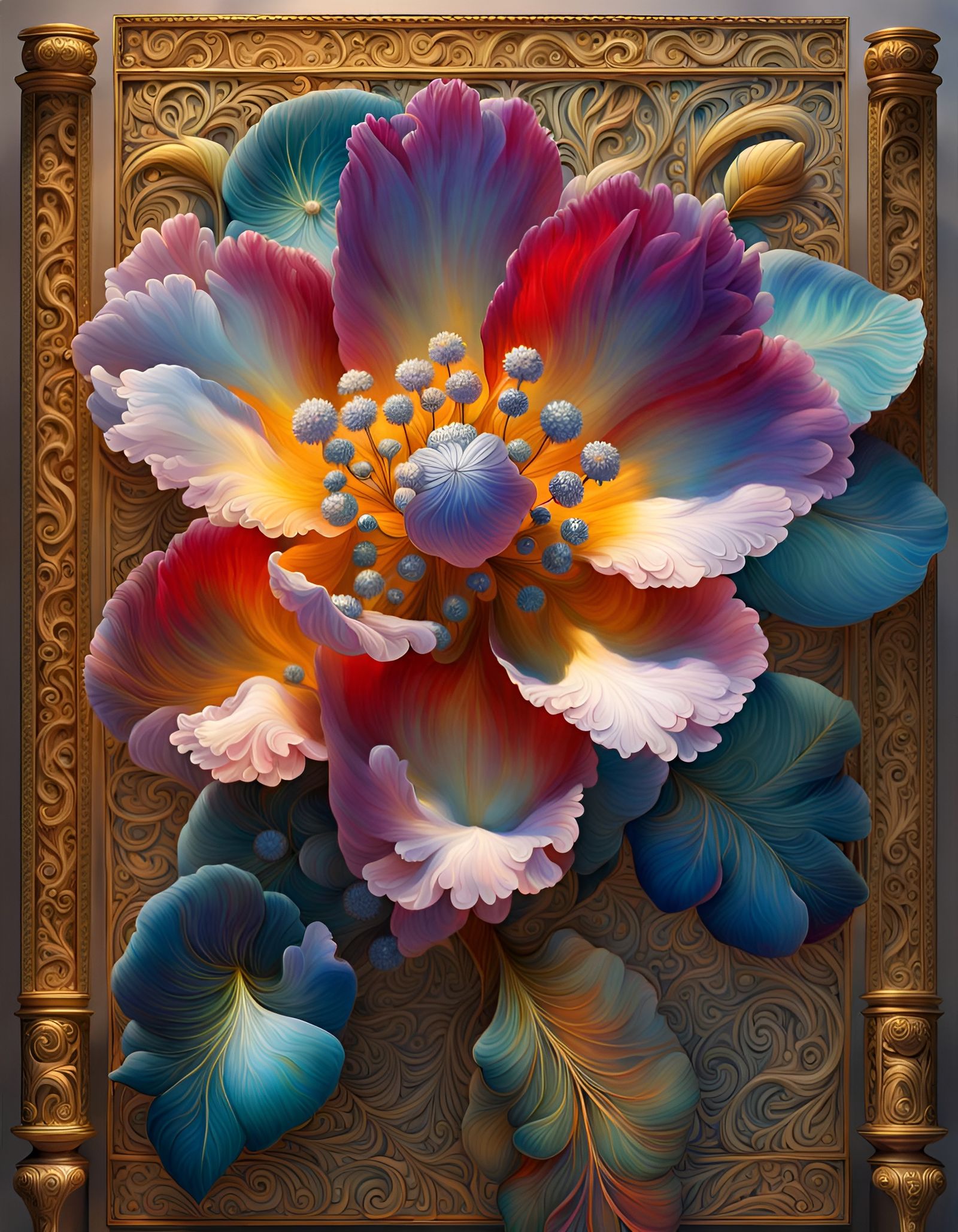 Tropical Flowers in Minoan Palace, Hyperdetailed Photorealis...