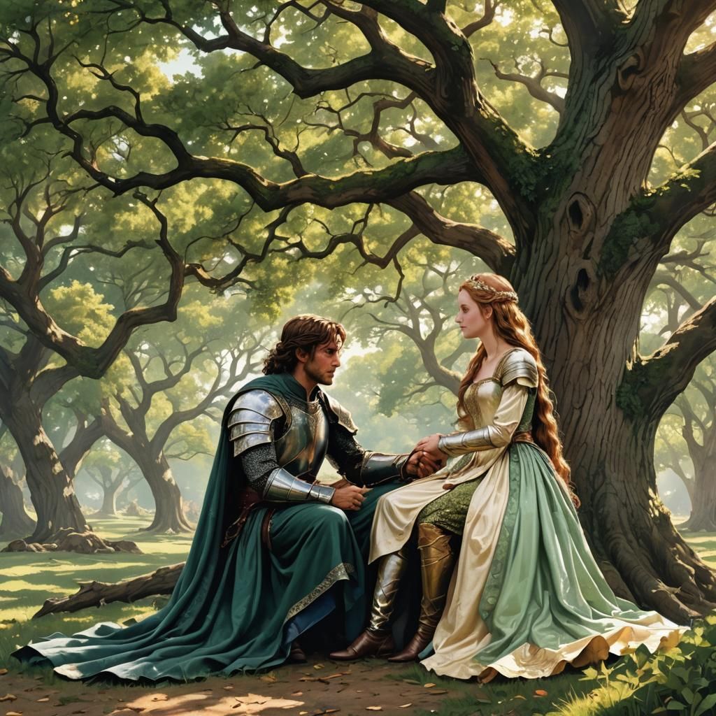 Dragon Slayer and Princess Romance Under Oak Tree