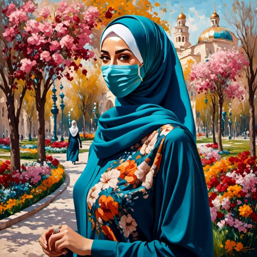 Beautiful Hijabi Woman in Spring Park Painting