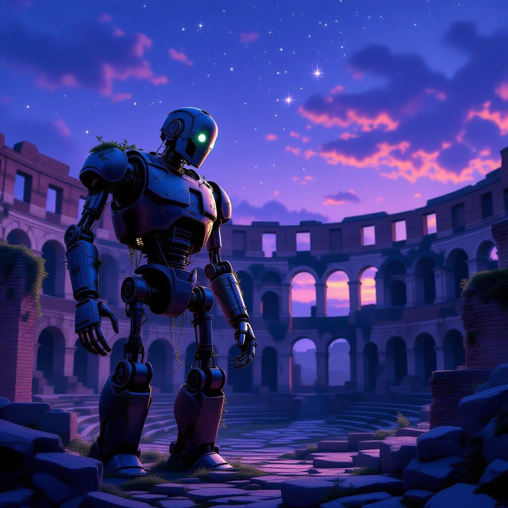 Ancient Robot in Ruined Roman Amphitheater at Twilight