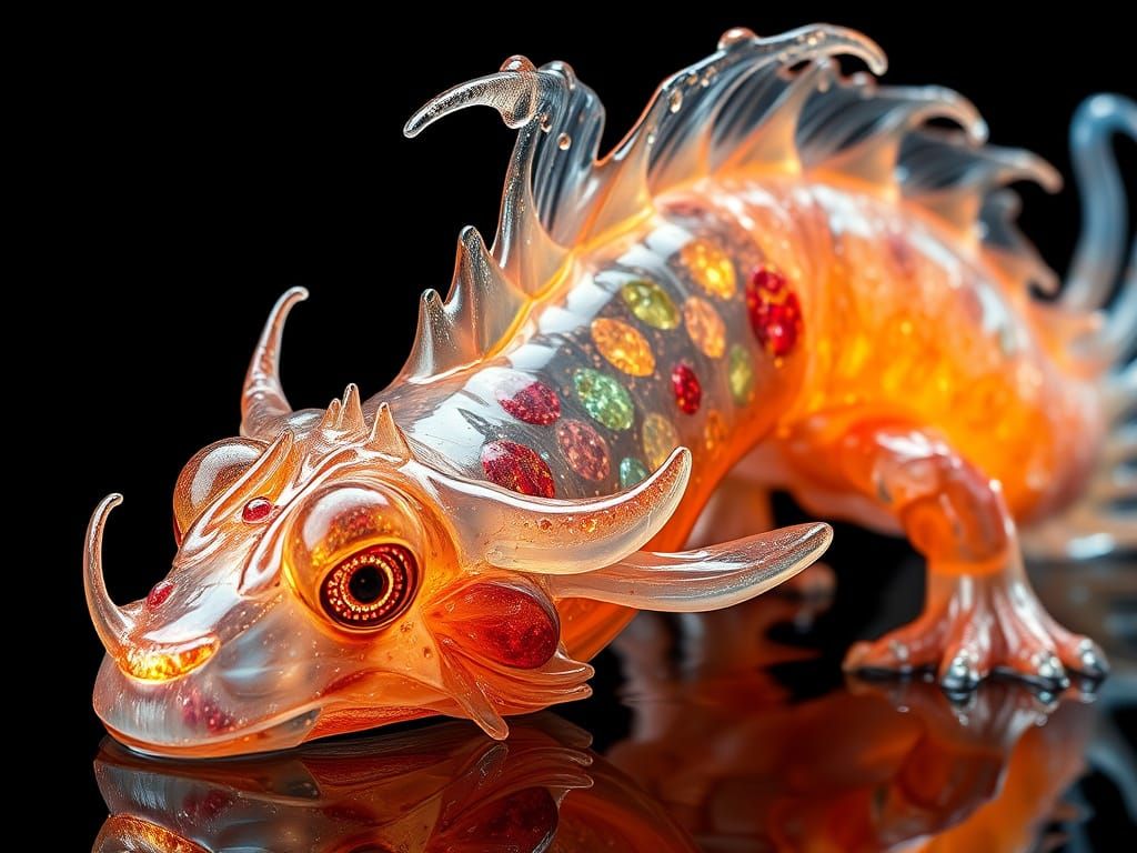 Hyperrealistic Wet Magical Creature with Reflections