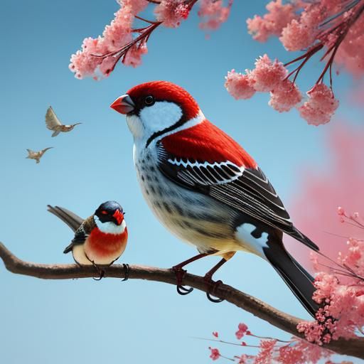 Bullfinches in Cherry Tree: Hyperrealistic Splash Art