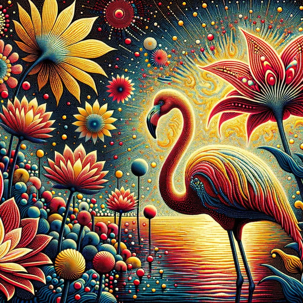 Red, Yellow, and Blue Pop Art Pointillism Flamingo