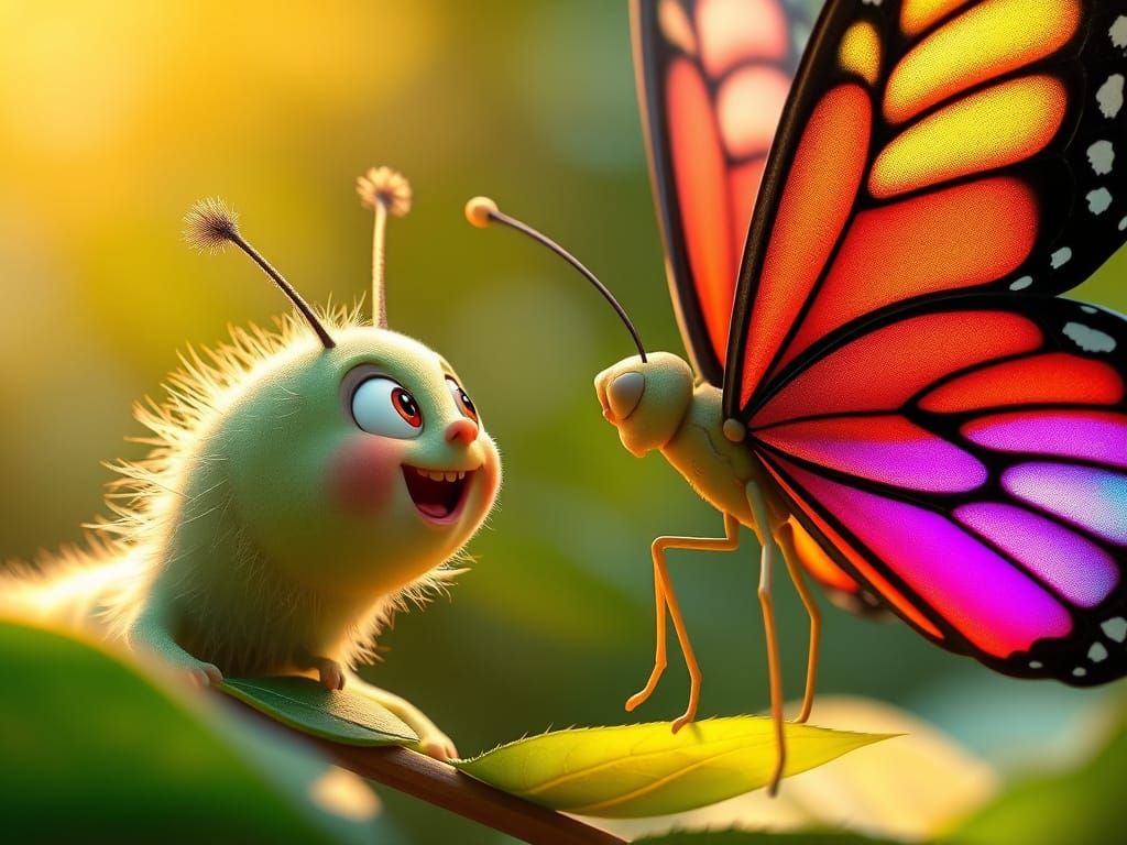 Excited Caterpillar and Butterfly in Dreamy Style