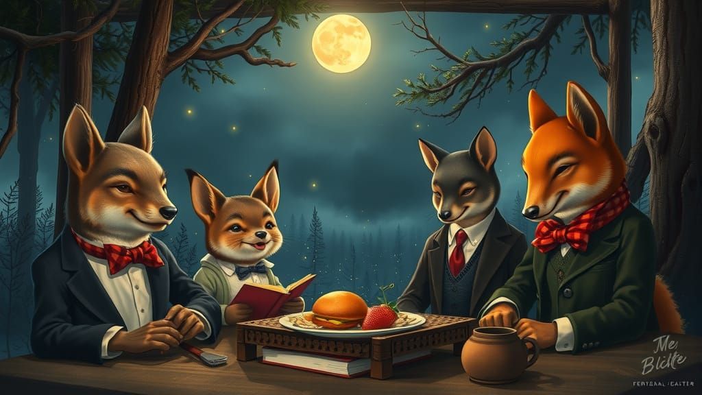 Moonlit Animal Family Picnic in Anime Style