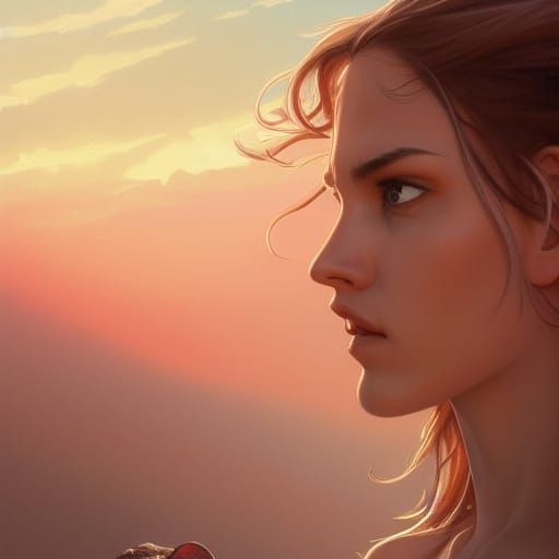 Desert Sunset Portrait in Art Nouveau Style
