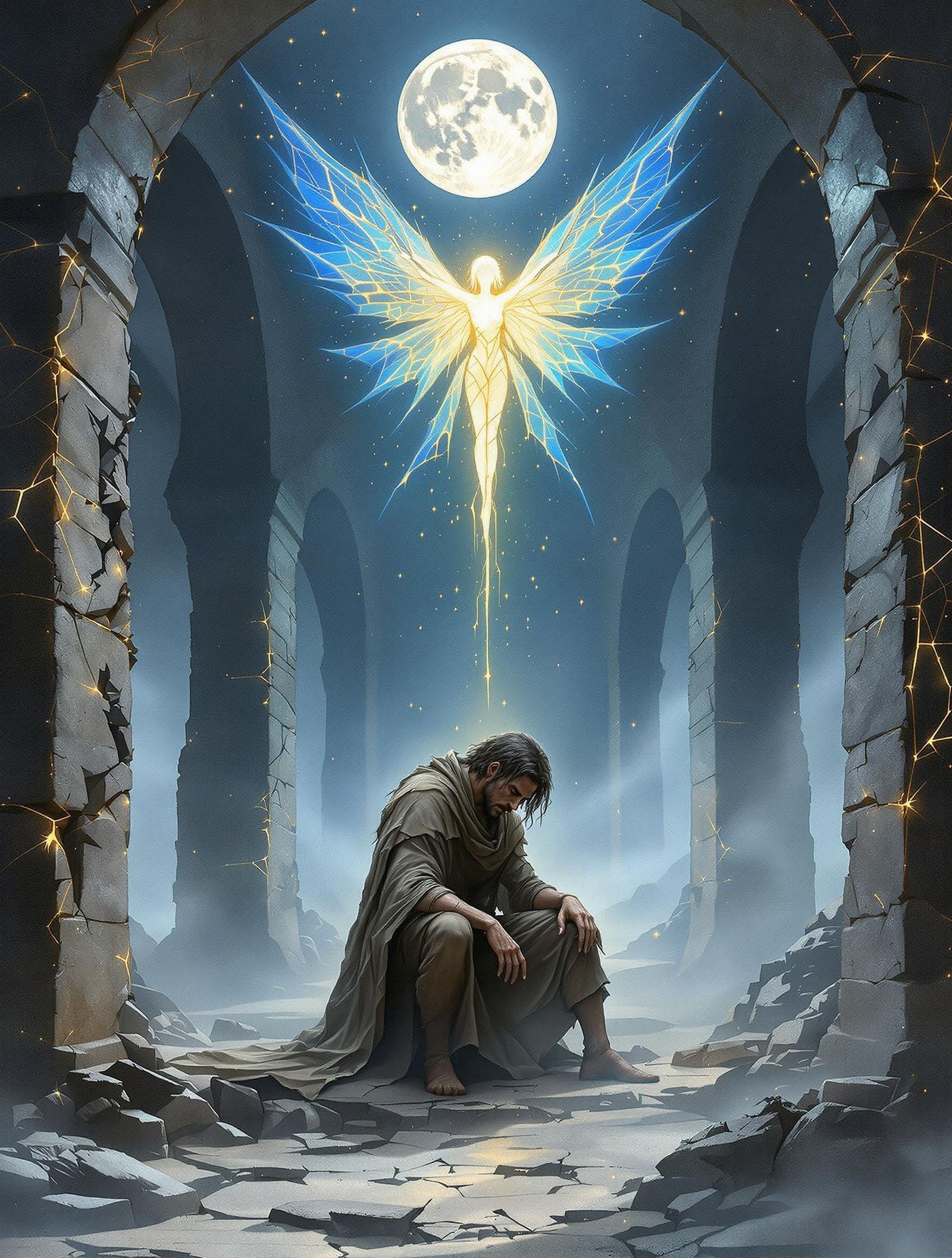 Ethereal Moonlit Ruin with Weary Figure and Luminous Fairy