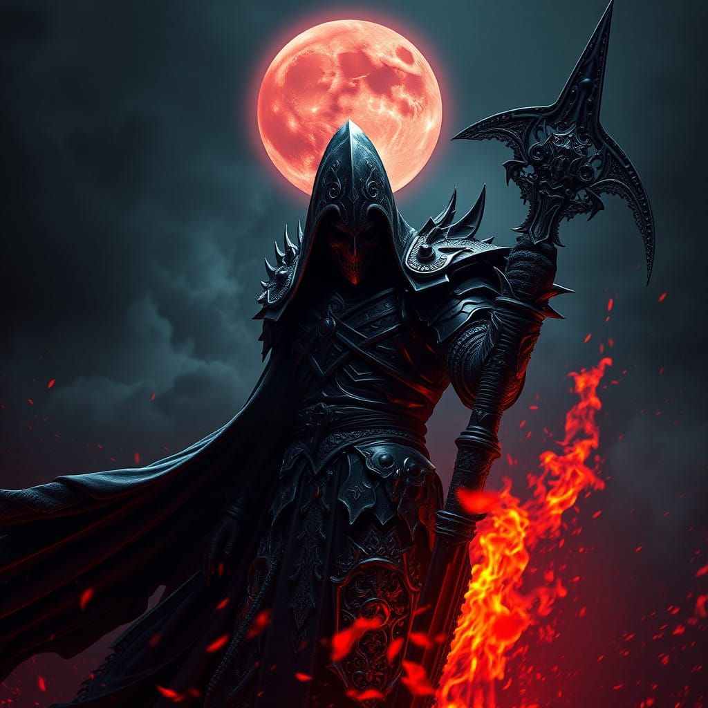 Reaper Knight Under Blood Moon: Dark Fantasy Art