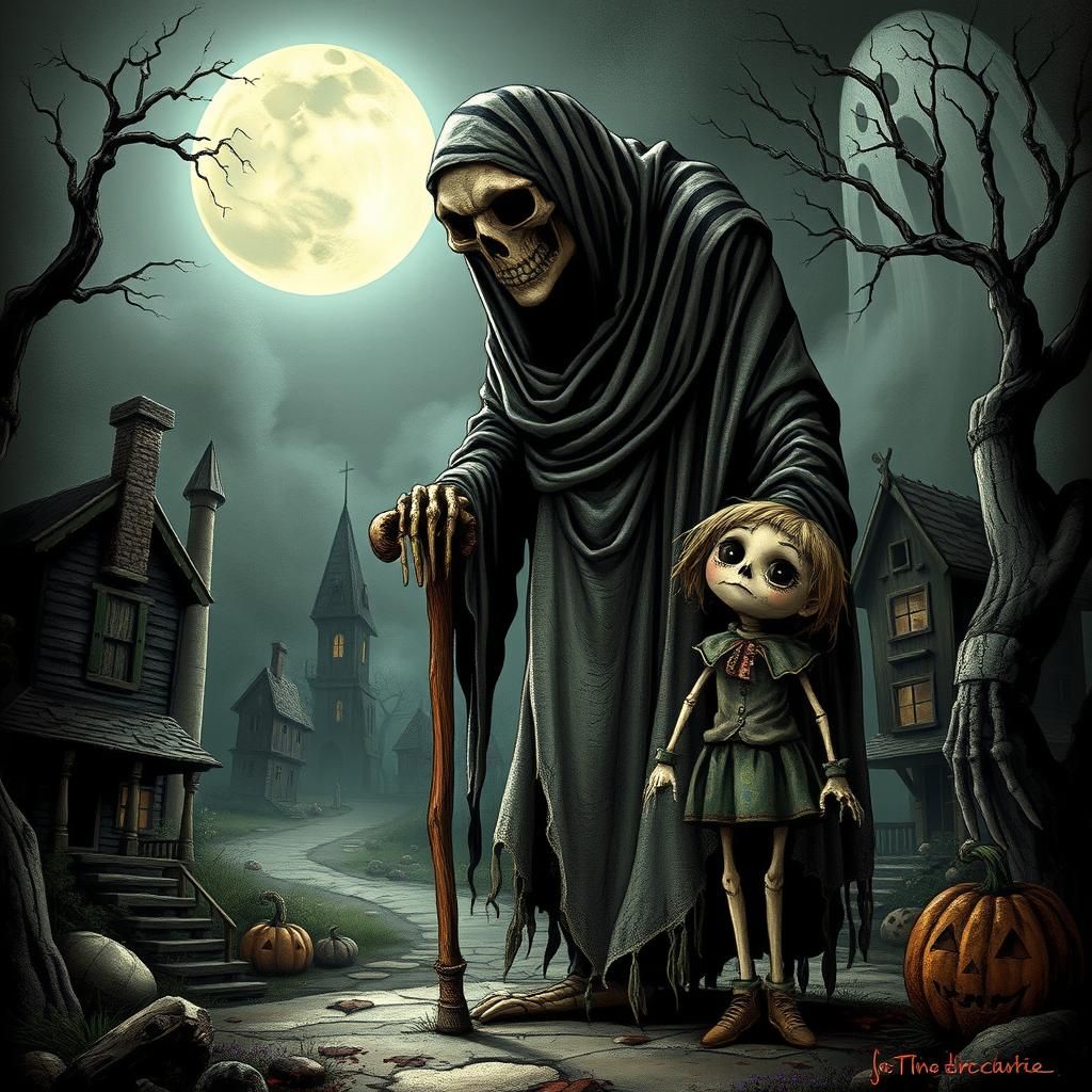 Skeletal Figure and Rag Doll in Spooky Town