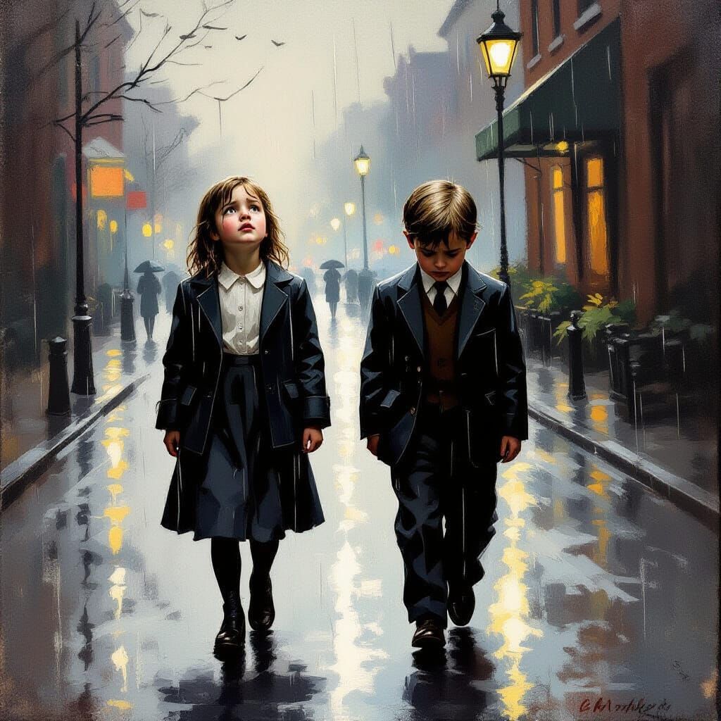 Sorrowful Children in Rain, Realistic Style