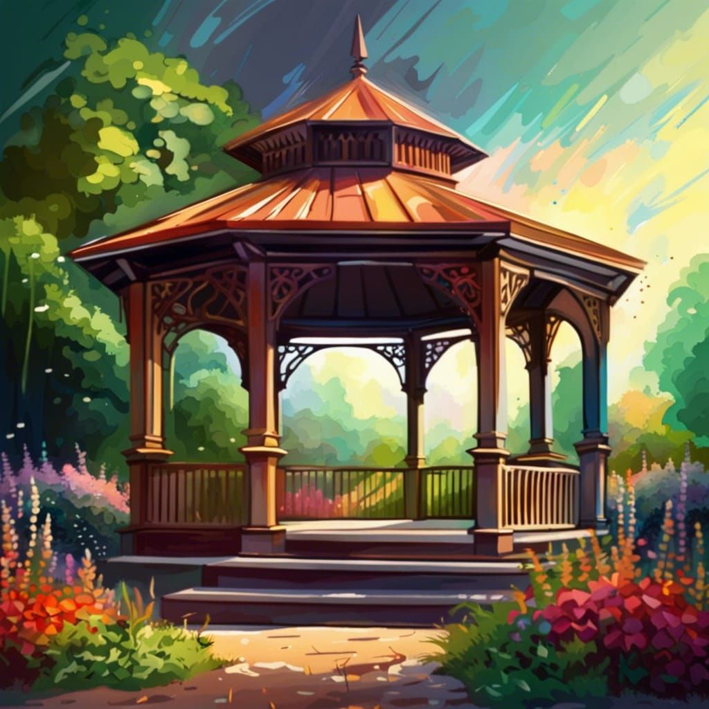 Hyperrealistic Gazebo in a Colorful Garden