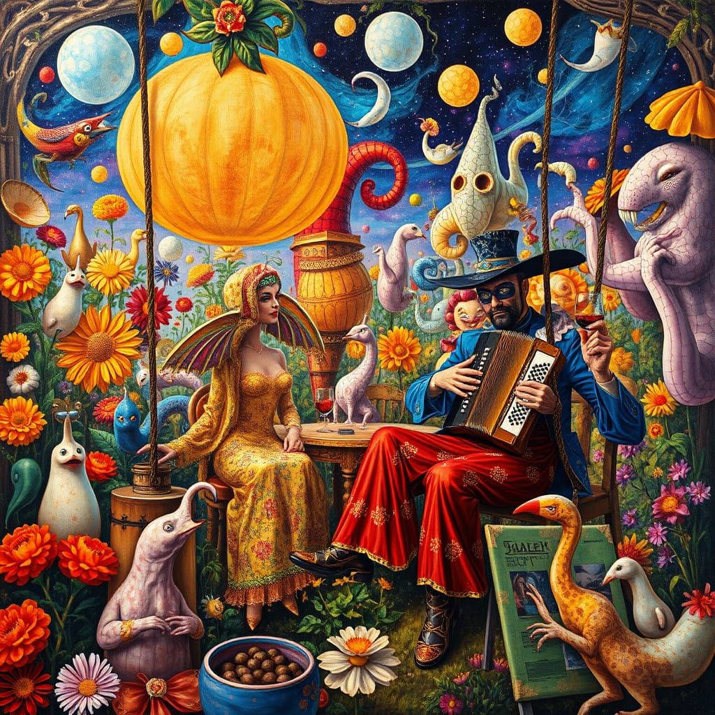 Surreal Garden Party in Hieronymus Bosch Style