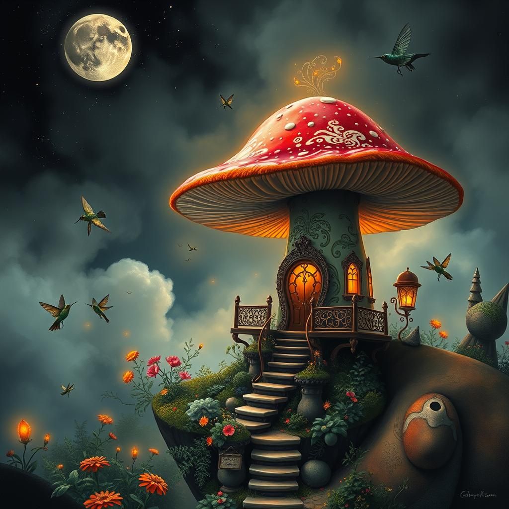 Surreal Mushroom Draws House in Art Nouveau Style