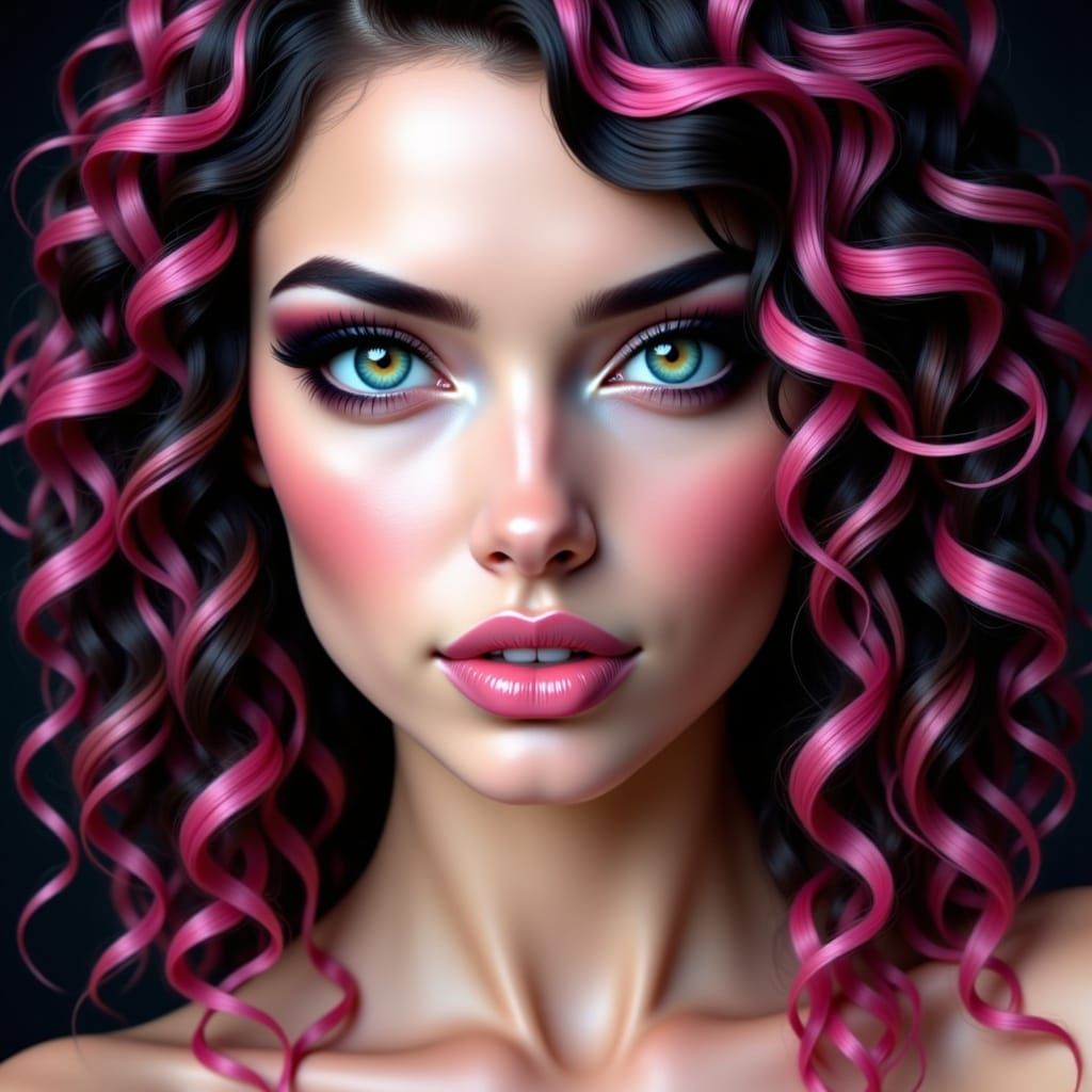 Glamorous Woman with Pink & Black Hair, Pink Eyes