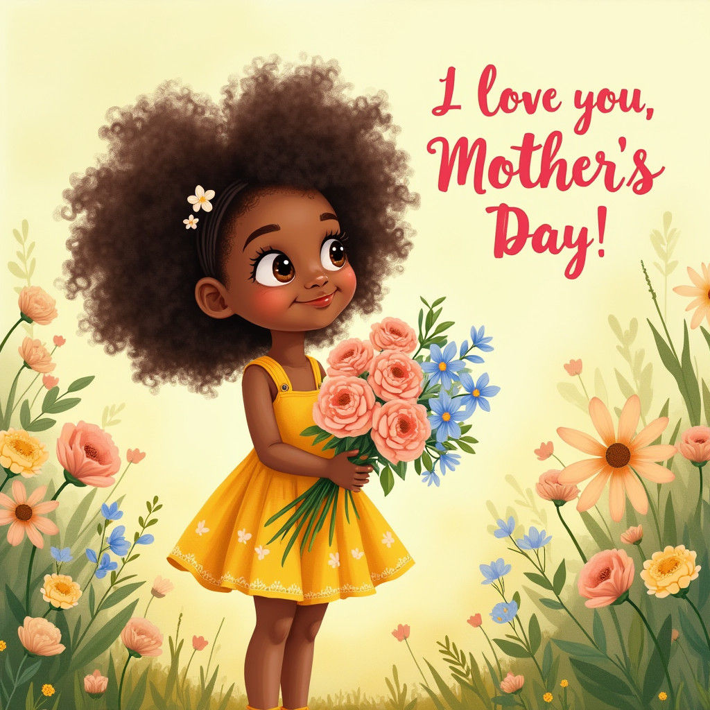 Cartoon Girl with Flowers in Whimsical Garden