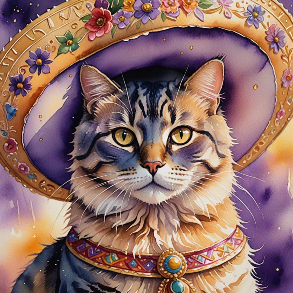 Impressionistic Watercolor Cat in Sombrero