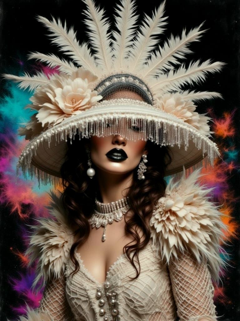 Glamorous Woman in Extravagant Hat, Vogue Style