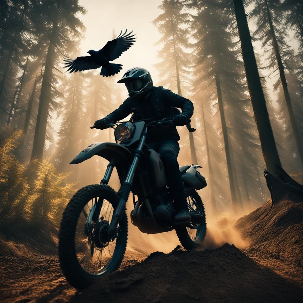 Dirt Bike Rider and Crow in Moody Forest