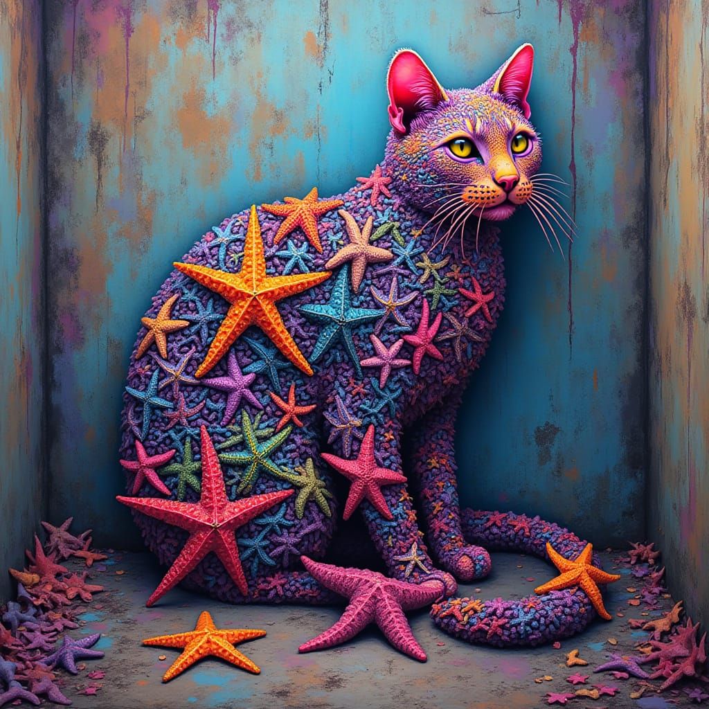 Surreal Feline Formed from Sea Stars in Vibrant Graffiti Sty...