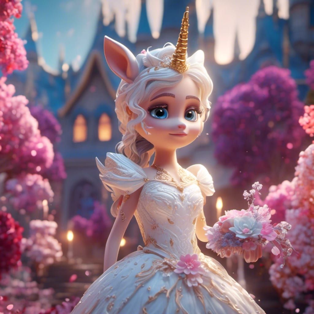 Queen in Wedding Dress with Unicorn, 3D Render