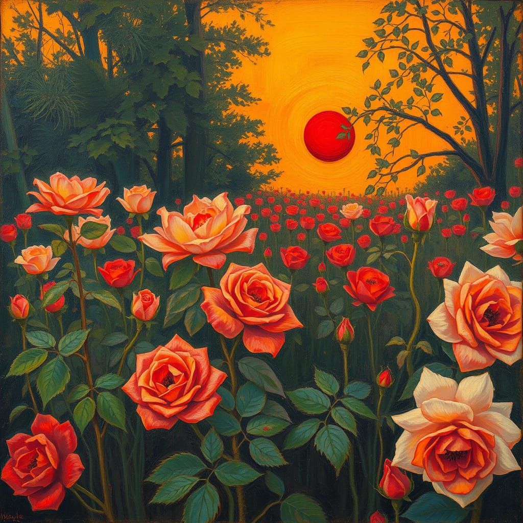 Autumn Roses Garden at Sunrise, Inspired by Expressionism