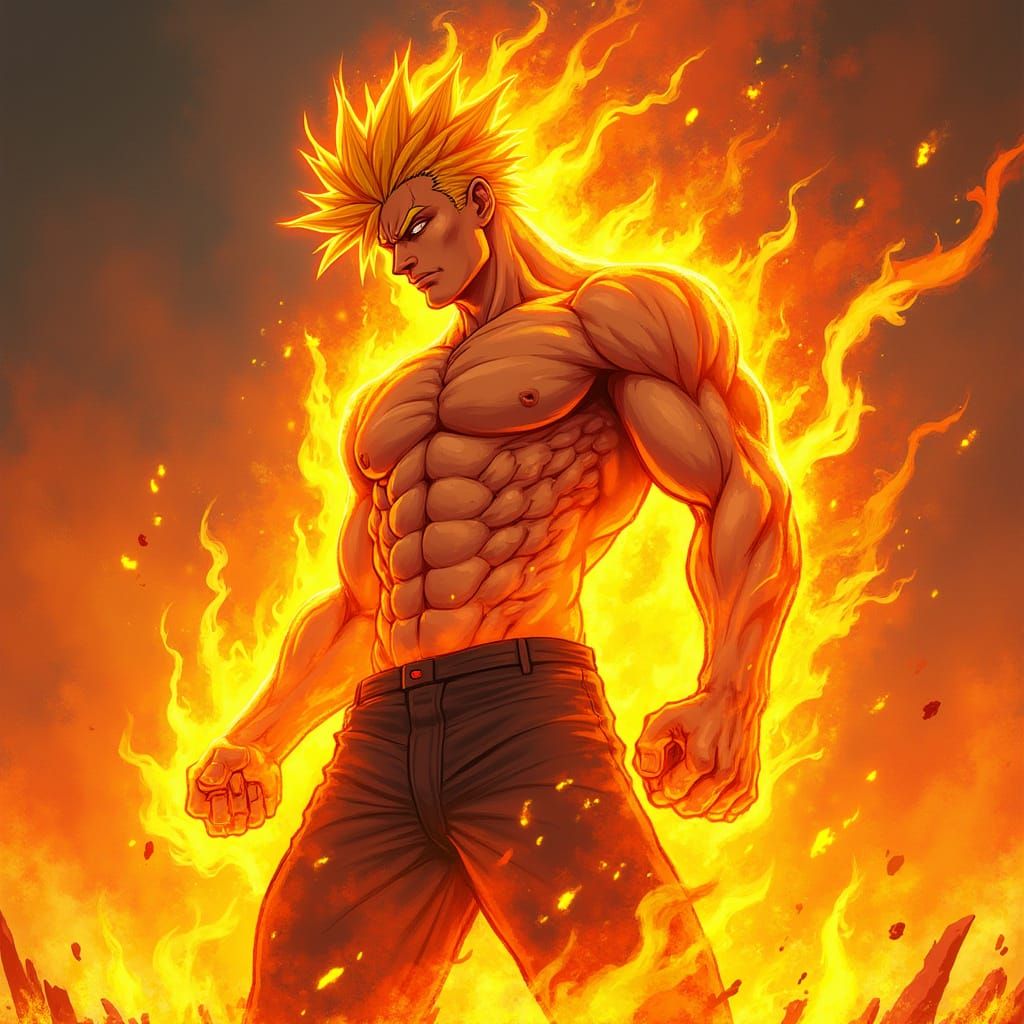 Anime-Inspired Warrior Engulfed by Blazing Inferno