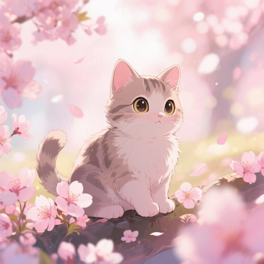 Cute Anime Kitten Among Cherry Blossoms
