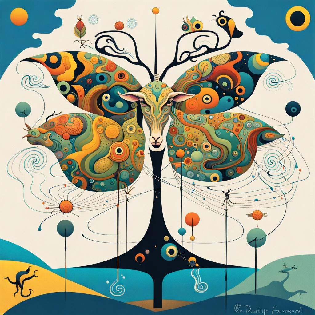 Surreal Geometric Goat Smiling with Spectral Hues