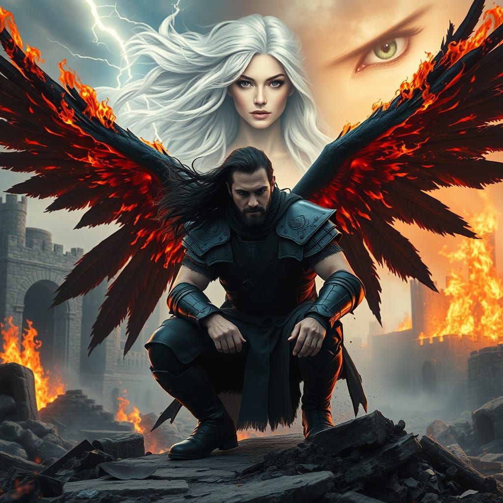 Warrior in Burning City with Goddess