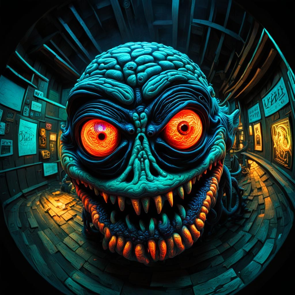 Ominous Neon Horror Figure in Fisheye View