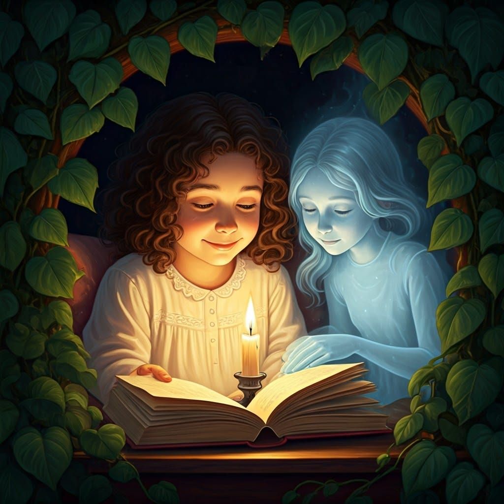 Mystical Girl Reads by Candlelight in Enchanted Nook
