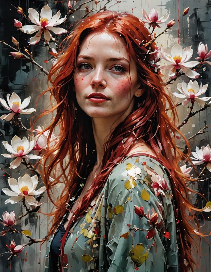 Joyful Girl with Magnolia Blossom: Matte Oil Painting