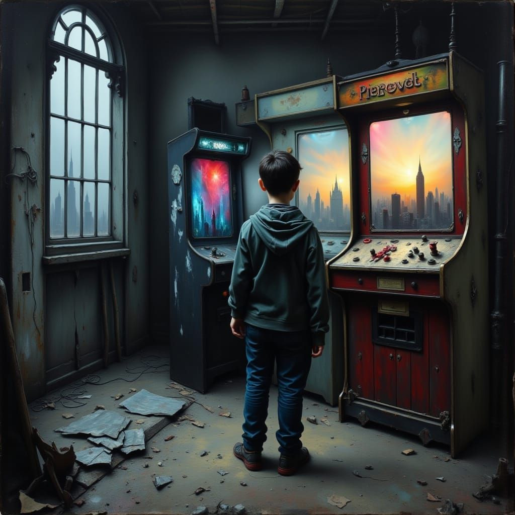 Boy Gazes at Glowing Arcade Machine in Dystopian Room
