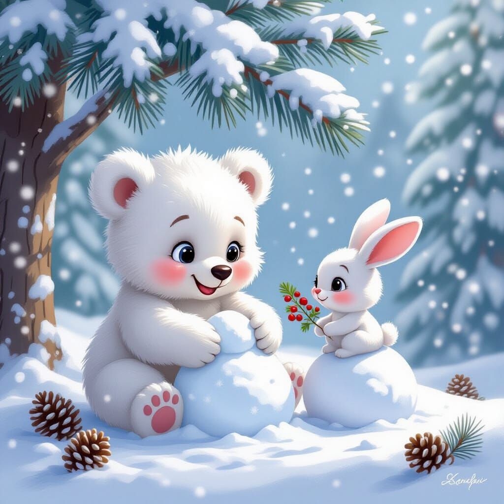 Adorable Bear Cub and Bunny in Whimsical Fairy Tale Style