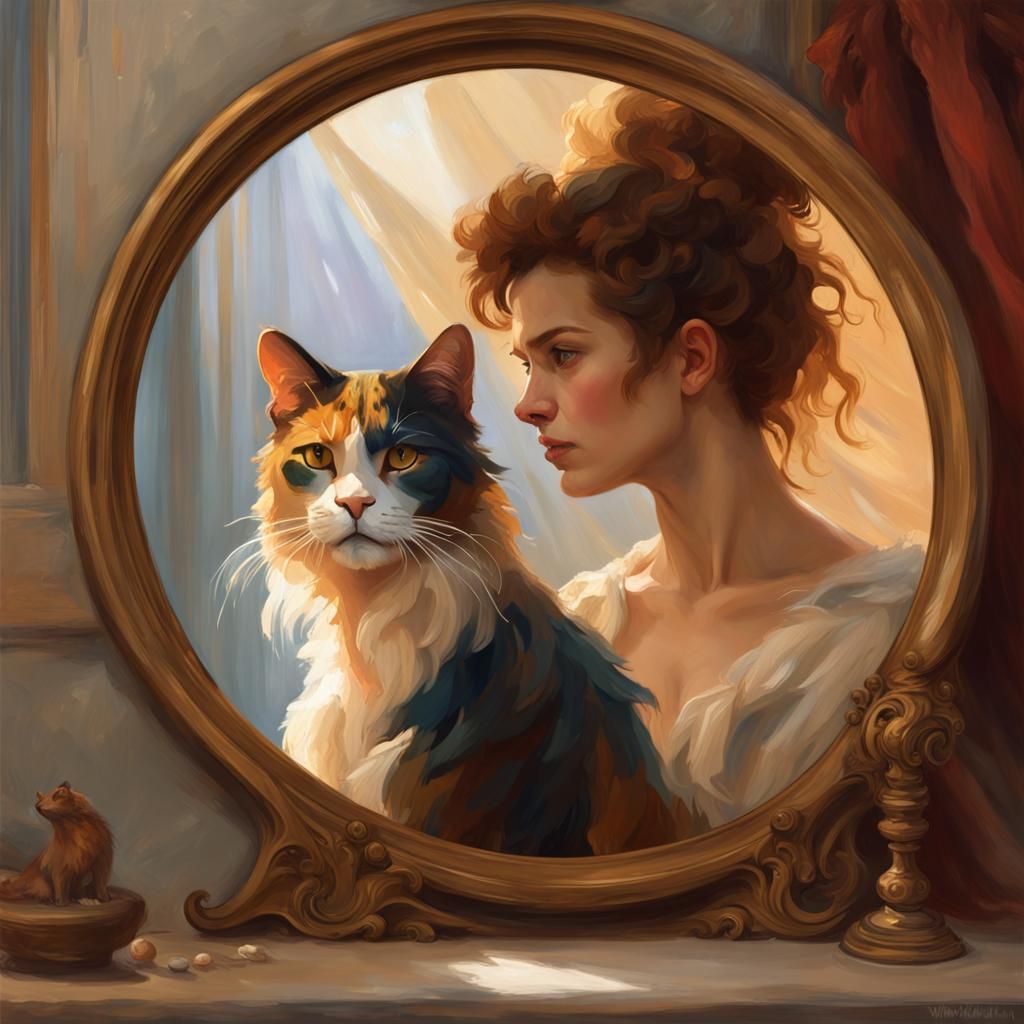 Woman and Calico Cat Portrait, Oil Painting