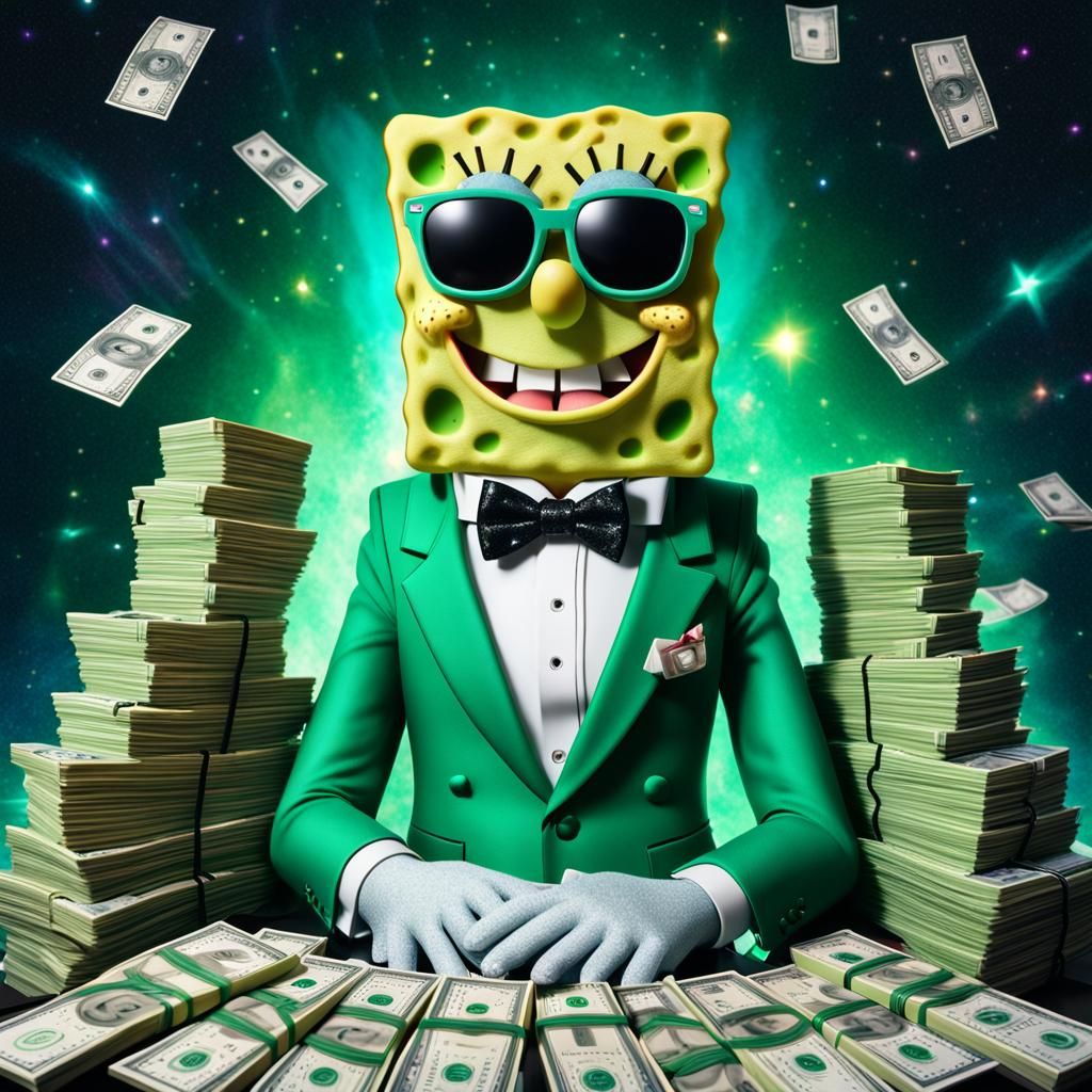 Spongebob in Green Tuxedo with Cash, Hyperrealistic