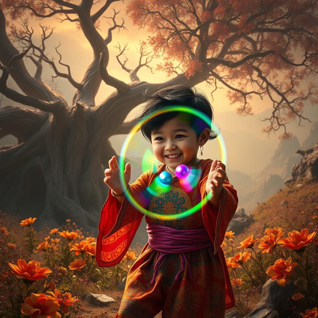 Child Plays with Enchanted Spinner in Whimsical Fantasy Land...