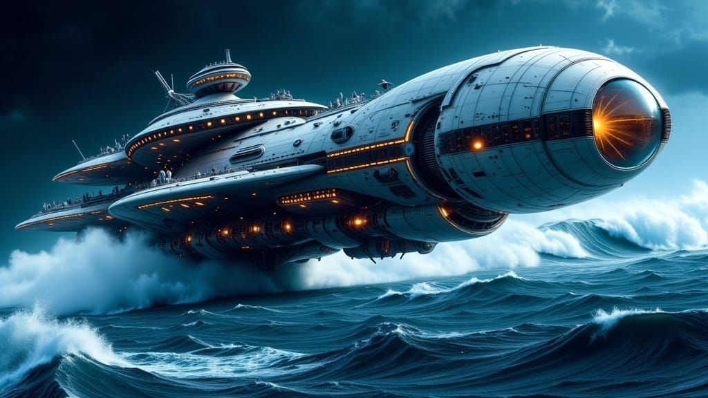 Surreal Science Fiction Starship Sails Turbulent Ocean Waves