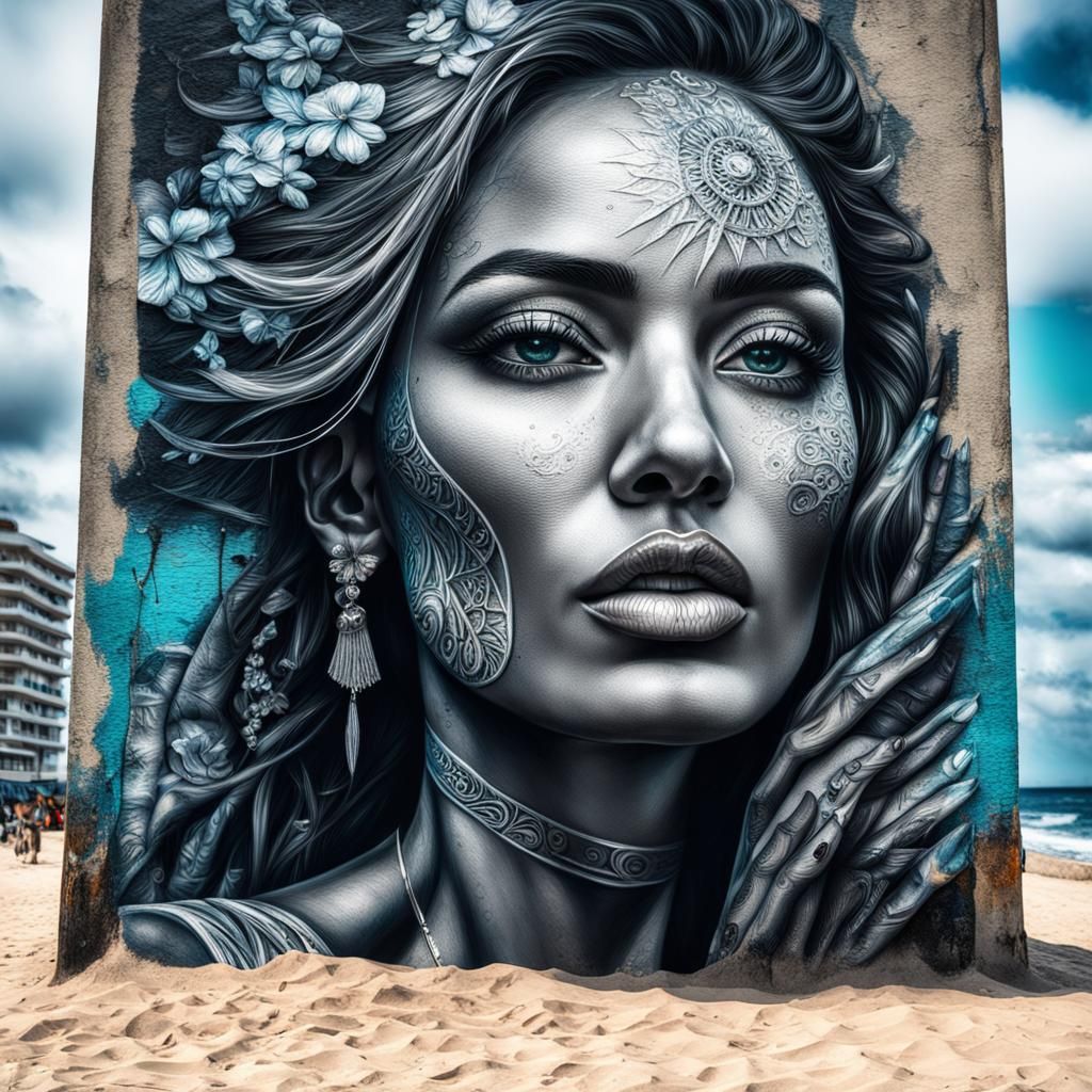 Woman on Beach in Street Art Style