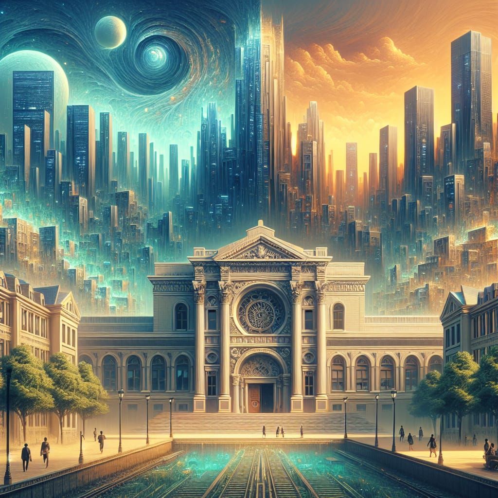 Fantasy Book Cover: School and City Interface in 8K