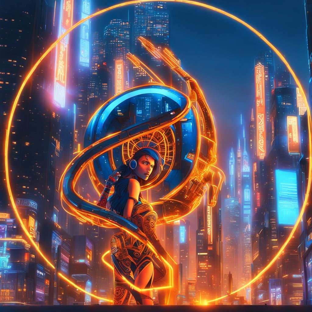 Robotic Goddess Emerges from Cyberpunk Cityscape