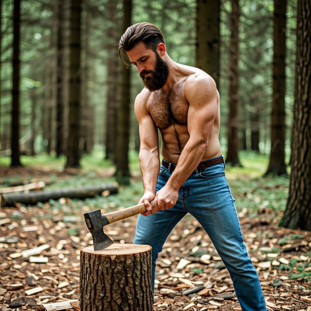 Shirtless Man Chopping Wood in Forest