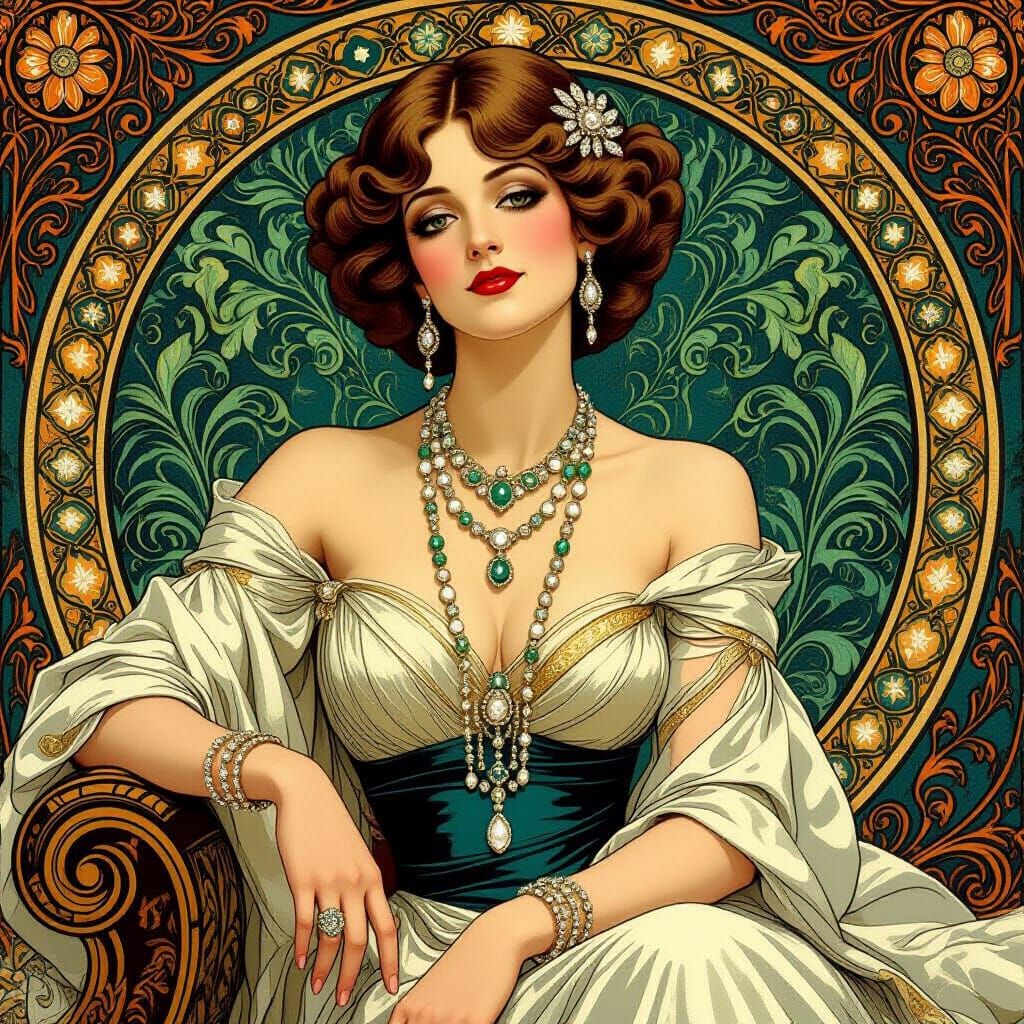 Elegant Woman in Lavish Setting, Art Nouveau Style
