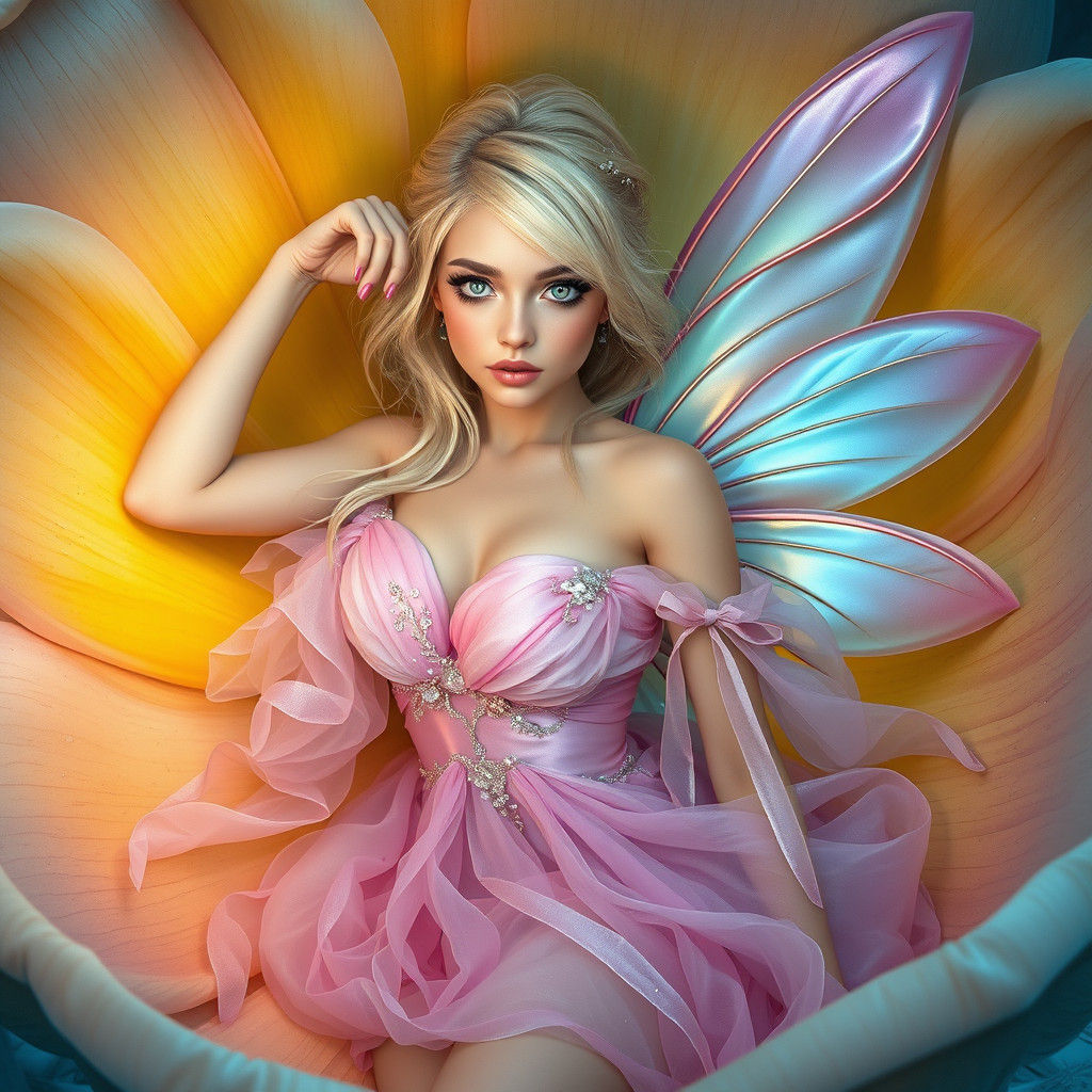 Pastel Fairy in Electric Blue Flower, Dreamlike Matte Painti...