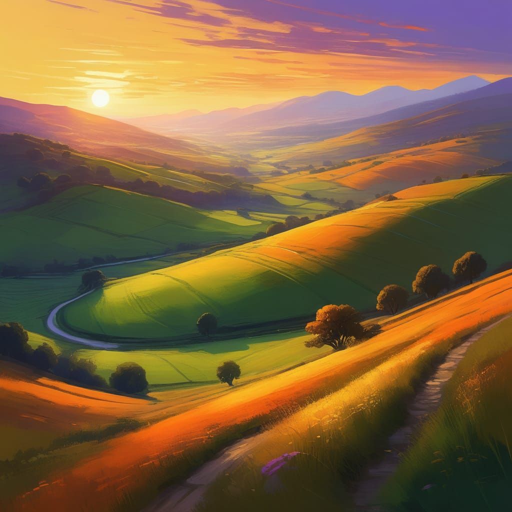 Tranquil Sunset Landscape Painting with Rolling Hills