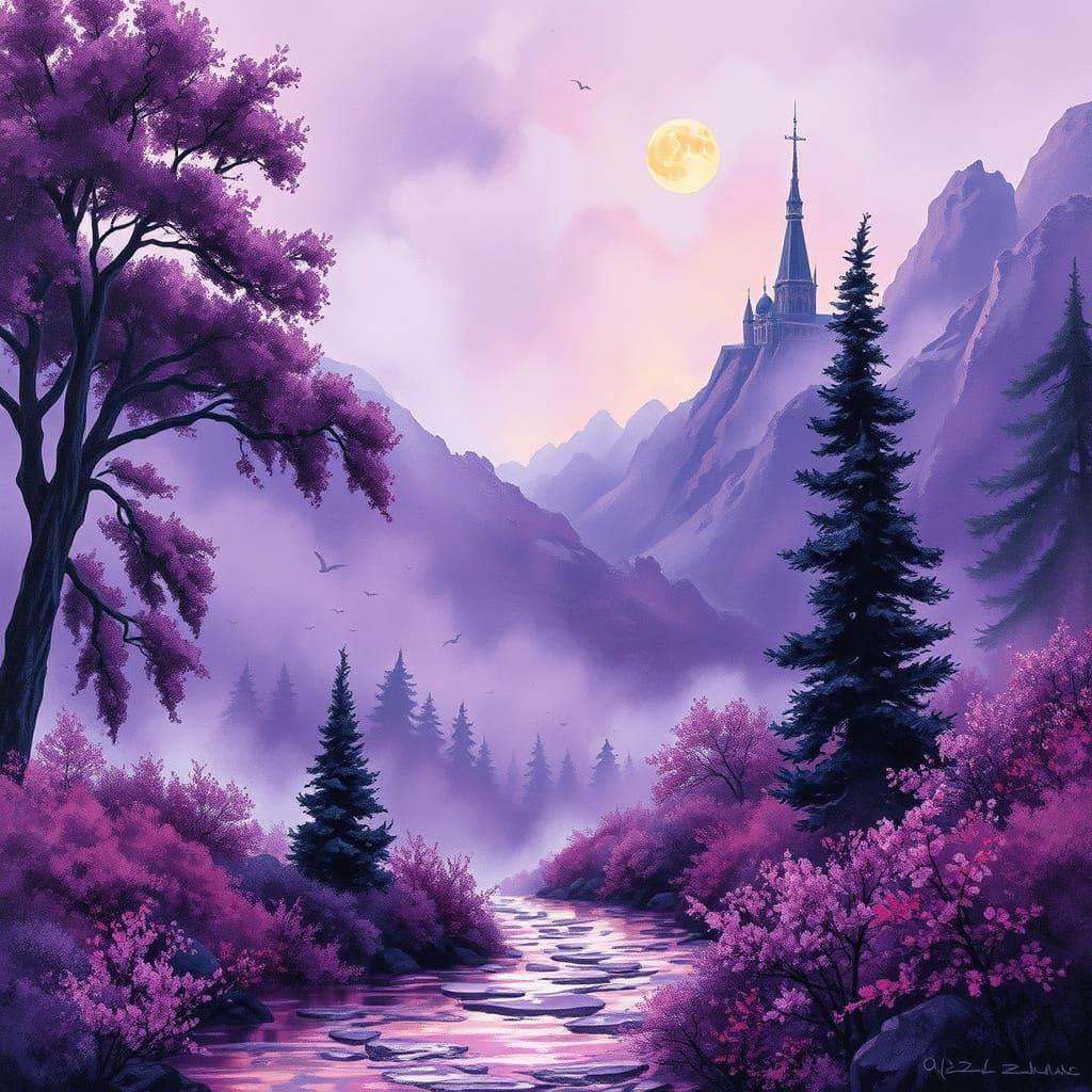 Vibrant Violet Landscape with Gouache and Charcoal Elements