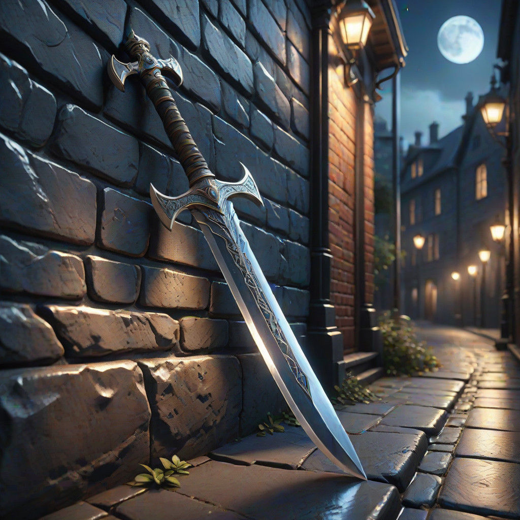 Hyper-Realistic Silver Sword in Moonlit Alley